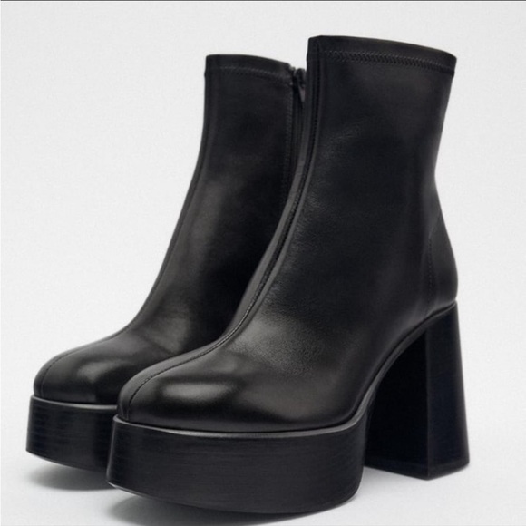 Zara Black Leather Platform Boots NWT - Picture 2 of 11